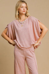 Exposed Seam Round Neck Batwing Sleeve Knit Top Umgee Dusty Pink S